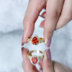Pear Shaped Lab Grown Orange Sapphire Wedding Ring Set of 2 with Diamond