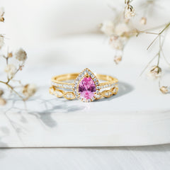 Lab Grown Pink Sapphire Pear Shaped Engagement Ring Set