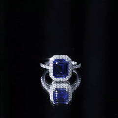 Certified 2.75 Carat Lab Grown Blue Sapphire Emerald Cut Engagement Ring with Diamond Halo