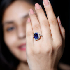 Certified 2.75 Carat Lab Grown Blue Sapphire Emerald Cut Engagement Ring with Diamond Halo