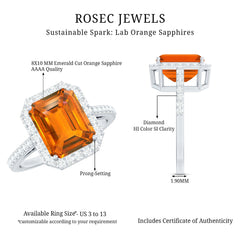 2.75 Carat Lab Grown Orange Sapphire Emerald Cut Engagement Ring with Diamond Halo