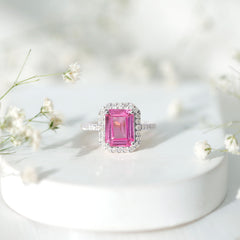 2.75 Carat Lab Grown Pink Sapphire Emerald Cut Engagement Ring with Diamond