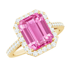 2.75 Carat Lab Grown Pink Sapphire Emerald Cut Engagement Ring with Diamond