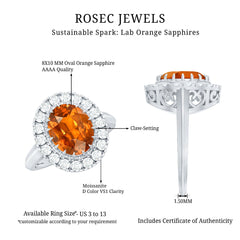 Certified 4 Carat Lab Grown Orange Sapphire Huge Engagement Ring with Halo