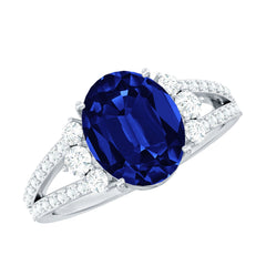 Certified 4 Carat Lab Grown Blue Sapphire Oval Engagement Ring with Moissanite Split Shank