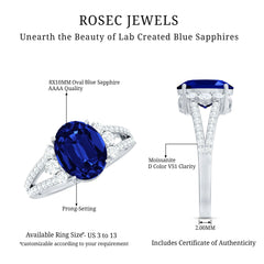 Certified 4 Carat Lab Grown Blue Sapphire Oval Engagement Ring with Moissanite Split Shank