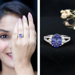 Certified 4 Carat Lab Grown Blue Sapphire Oval Engagement Ring with Moissanite Split Shank