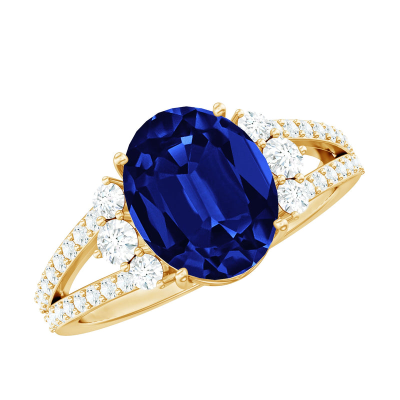 Certified 4 Carat Lab Grown Blue Sapphire Oval Engagement Ring with Moissanite Split Shank