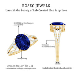 Certified 4 Carat Lab Grown Blue Sapphire Oval Engagement Ring with Moissanite Split Shank