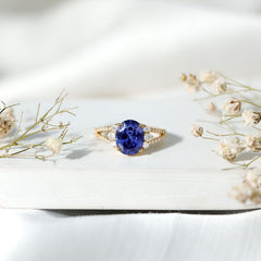 Certified 4 Carat Lab Grown Blue Sapphire Oval Engagement Ring with Moissanite Split Shank