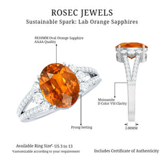 4 Carat Lab Grown Orange Sapphire Oblong Engagement Ring with Split Shank