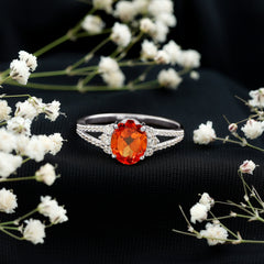 4 Carat Lab Grown Orange Sapphire Oblong Engagement Ring with Split Shank