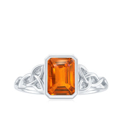 1.75 Carat Emerald Cut Lab Grown Orange Sapphire Diamond Bezel Set Engagement Ring