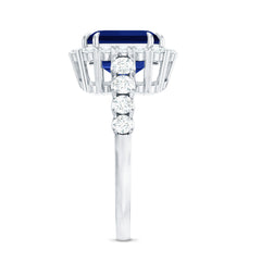 Certified 6.75 Carat Asscher Cut Lab Grown Blue Sapphire Engagement Ring with Diamond Halo