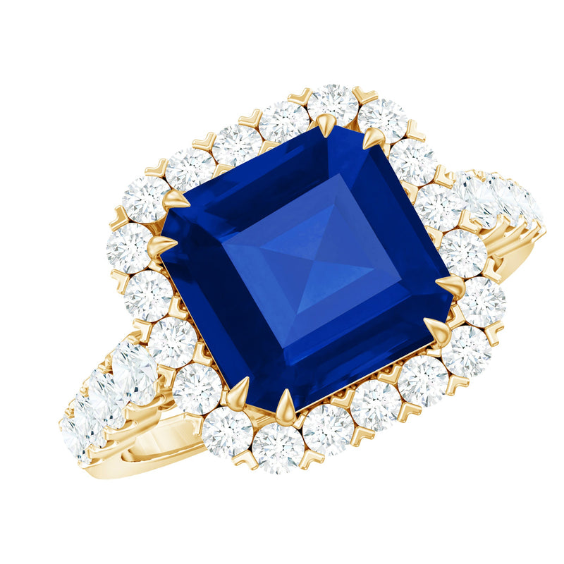 Certified 6.75 Carat Asscher Cut Lab Grown Blue Sapphire Engagement Ring with Diamond Halo