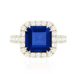 Certified 6.75 Carat Asscher Cut Lab Grown Blue Sapphire Engagement Ring with Diamond Halo