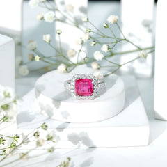 Certified 6.75 Carat Lab Grown Pink Sapphire Asscher Cut Engagement Ring with Halo