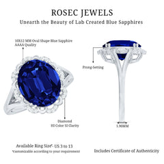 Certified 6 Carat Oval Lab Grown Blue Sapphire Retro Engagement Ring with Diamond