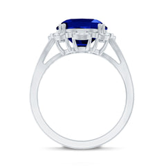 Certified 6 Carat Oval Lab Grown Blue Sapphire Retro Engagement Ring with Diamond