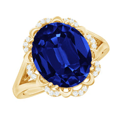 Certified 6 Carat Oval Lab Grown Blue Sapphire Retro Engagement Ring with Diamond