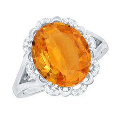 Certified 6 Carat Lab Grown Orange Sapphire Oval Engagement Ring with Diamond