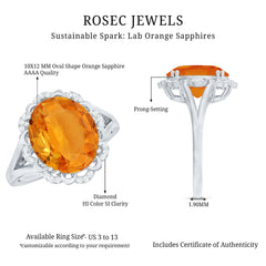 Certified 6 Carat Lab Grown Orange Sapphire Oval Engagement Ring with Diamond