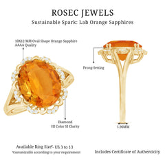 Certified 6 Carat Lab Grown Orange Sapphire Oval Engagement Ring with Diamond