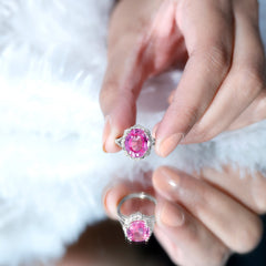 Oval Lab Created Pink Sapphire Huge Engagement Ring with Diamond