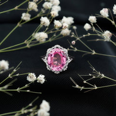 Oval Lab Created Pink Sapphire Huge Engagement Ring with Diamond