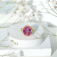 Oval Lab Created Pink Sapphire Huge Engagement Ring with Diamond