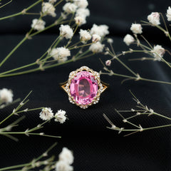 Oval Lab Created Pink Sapphire Huge Engagement Ring with Diamond