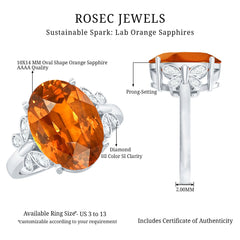 6 Carat Lab Grown Orange Sapphire Oval Engagement Ring with Diamond Butterfly