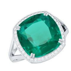 Certified 12 mm Lab Grown Emerald Cushion Cut Engagement with Diamond Halo