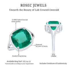Certified 12 mm Lab Grown Emerald Cushion Cut Engagement with Diamond Halo