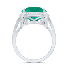 Certified 12 mm Lab Grown Emerald Cushion Cut Engagement with Diamond Halo