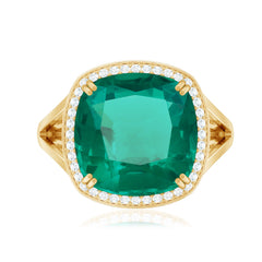 Certified 12 mm Lab Grown Emerald Cushion Cut Engagement with Diamond Halo