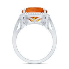 9 Carat Lab Grown Orange Sapphire Cushion Cut Engagement Ring with Diamond Halo