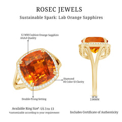9 Carat Lab Grown Orange Sapphire Cushion Cut Engagement Ring with Diamond Halo