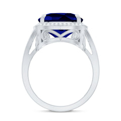 Cushion Cut Lab Grown Blue Sapphire Engagement Ring with Diamond