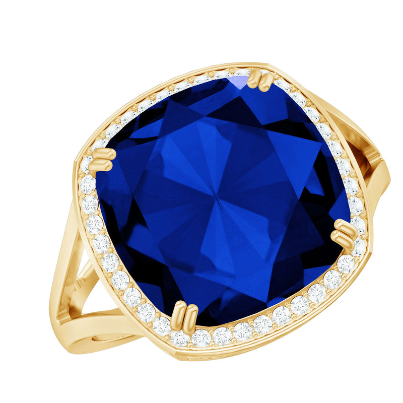 Cushion Cut Lab Grown Blue Sapphire Engagement Ring with Diamond
