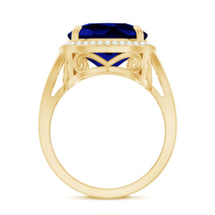 Cushion Cut Lab Grown Blue Sapphire Engagement Ring with Diamond