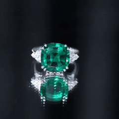Lab Grown Emerald 12mm Cushion Cut Engagement Ring with Diamond Trio