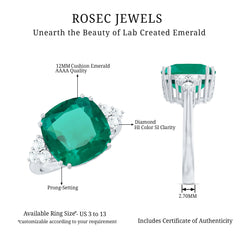 Lab Grown Emerald 12mm Cushion Cut Engagement Ring with Diamond Trio
