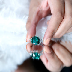 Lab Grown Emerald 12mm Cushion Cut Engagement Ring with Diamond Trio