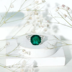 Lab Grown Emerald 12mm Cushion Cut Engagement Ring with Diamond Trio