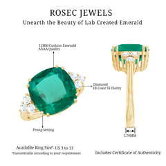 Lab Grown Emerald 12mm Cushion Cut Engagement Ring with Diamond Trio