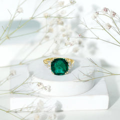 Lab Grown Emerald 12mm Cushion Cut Engagement Ring with Diamond Trio
