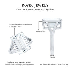 Certified 10X14 MM Emerald Cut Moissanite Engagement Ring for Women