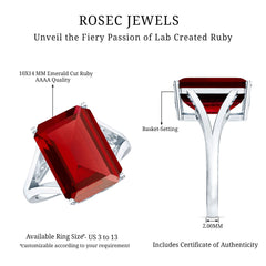 Lab Grown Ruby 10X14 MM Emerald Cut Engagement Ring with Split Shank