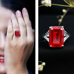 Lab Grown Ruby 10X14 MM Emerald Cut Engagement Ring with Split Shank